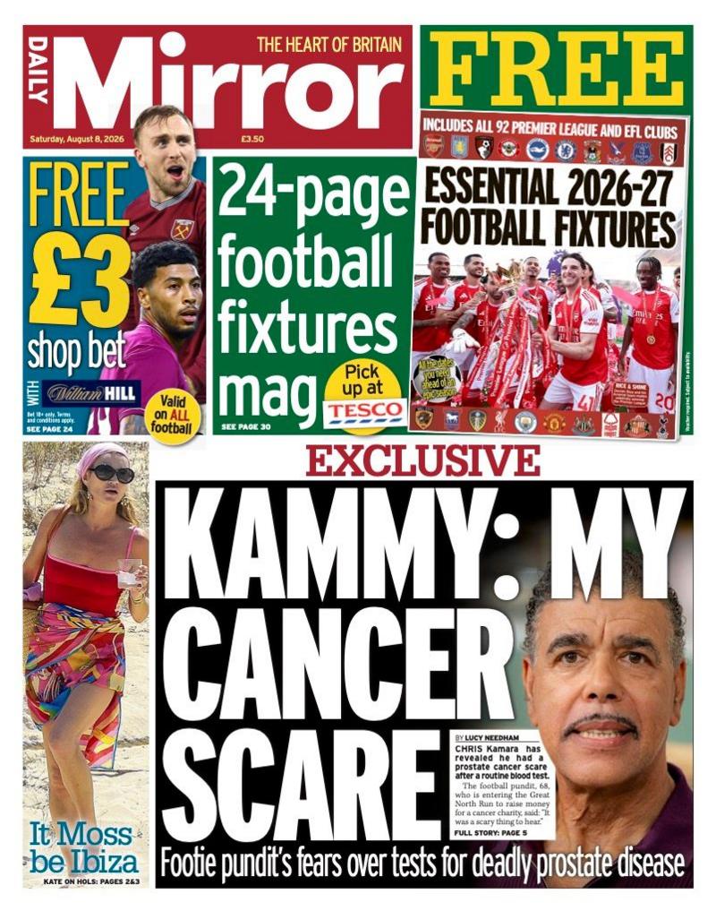 The headline on the front page of the Daily Mirror reads: “Kammy: My cancer scare”.