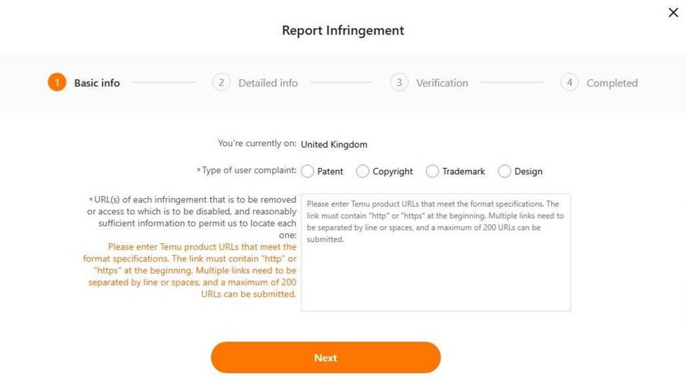 Temu's online intellectual property infringement report portal. Headline 'Report infringement' with a textbox provided below to describe infringed work.