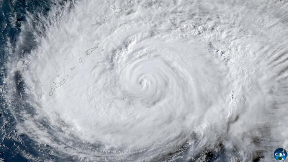 A satellite image shows Typhoon Dolphin approaching Japan's Okinawa