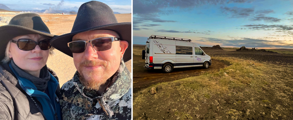 Two-panel image showing a travel scene. In the left panel, two people wearing wide-brimmed hats, sunglasses and outdoor jackets stand in a barren landscape. In the right panel, a white camper van with a roof rack is parked on a dirt track in open countryside. Rocky outcrops, grassland and a cloudy sky are visible in the background.