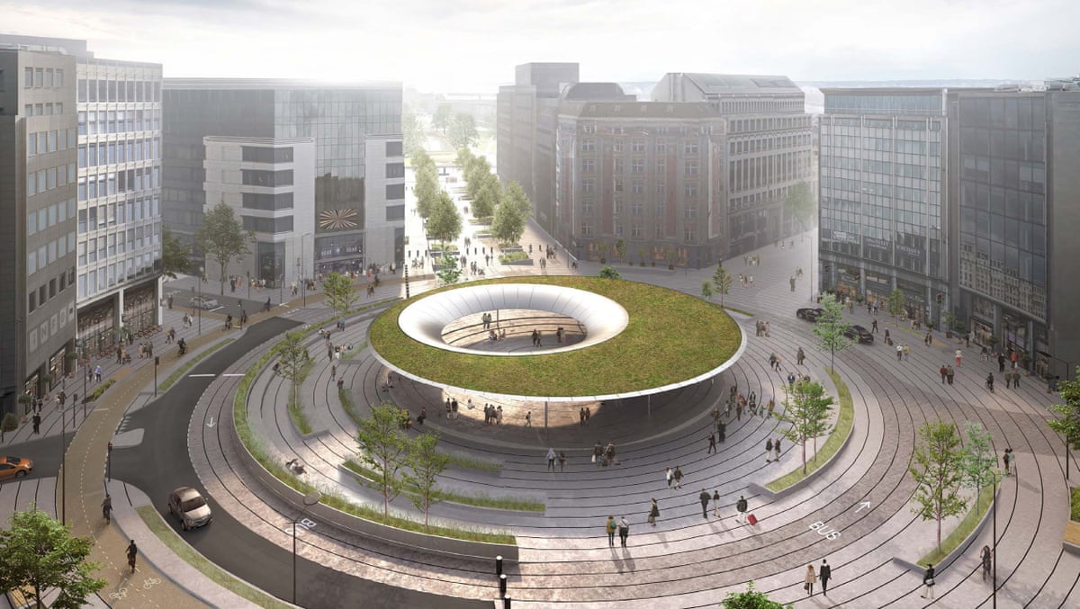 Architect rendering of Schuman Square with canopy and grass roof