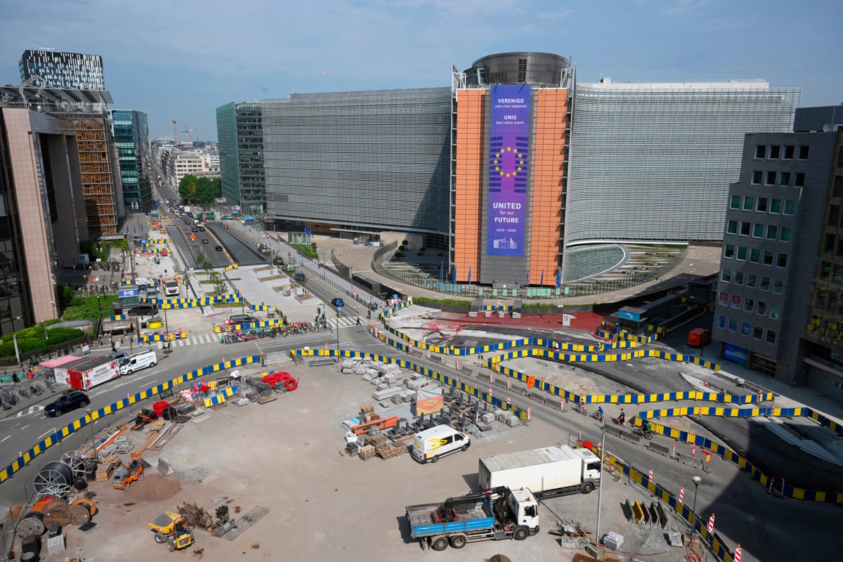 The Berlaymont building, which houses the European Union Commission headquarters, and the Robert Schuman roundabout construction site