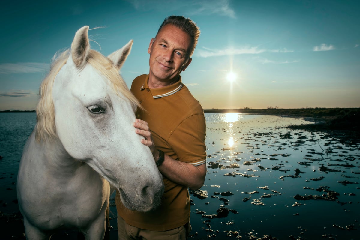 Chris Packham strokes a white horse with a sunset over the sea in the background