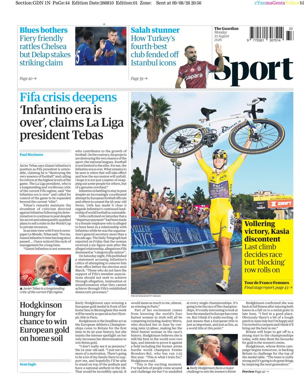 Lead sport page in on 9 August 2026