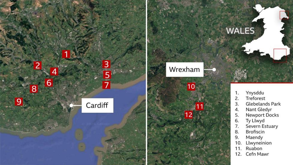 The graphic consists of two aerial satellite maps placed side by side. The larger southern map is labelled