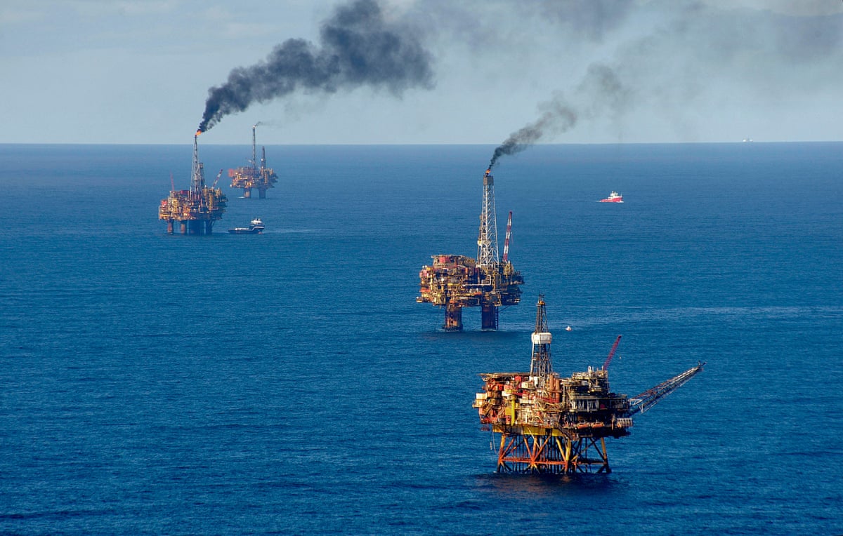 North Sea, Oil production with platforms. Aerial view. Brent Oil Field