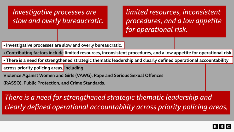Graphic highlighting text of the report, including phrases such as Investigative processes are slow and overly bureaucratic