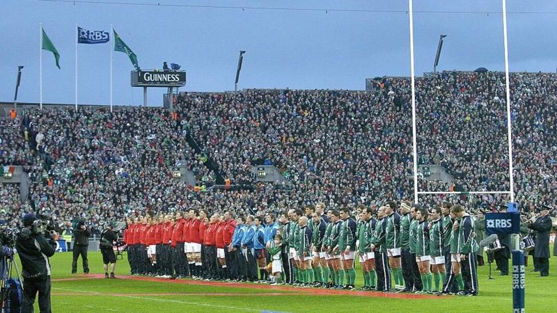 Ireland and England line up for the national anthems before the first Six Nations game to be played between the two sides at Croke Park in 2007