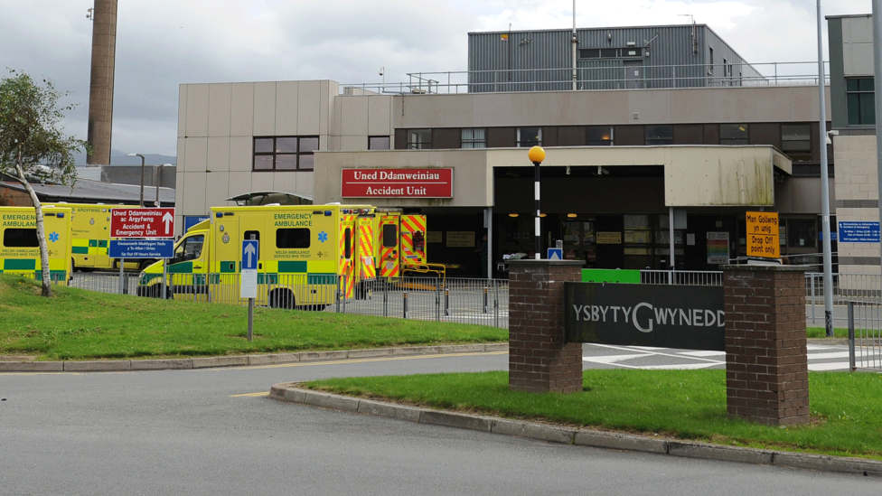 Ambulances outside Ysbyty Gwynedd in Bangor