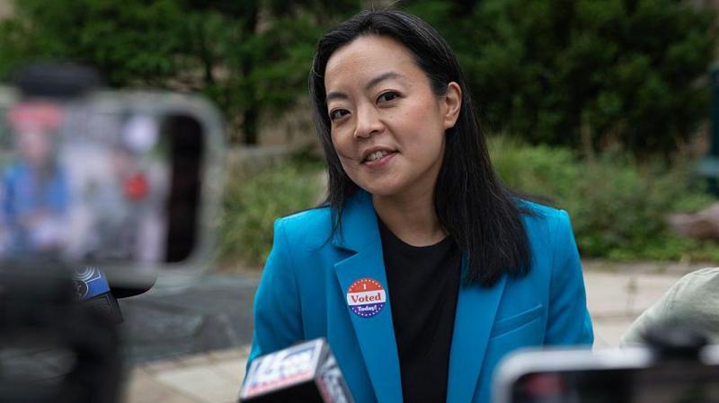 Democratic Wisconsin governor candidate Francesca Hong speaks to reporters