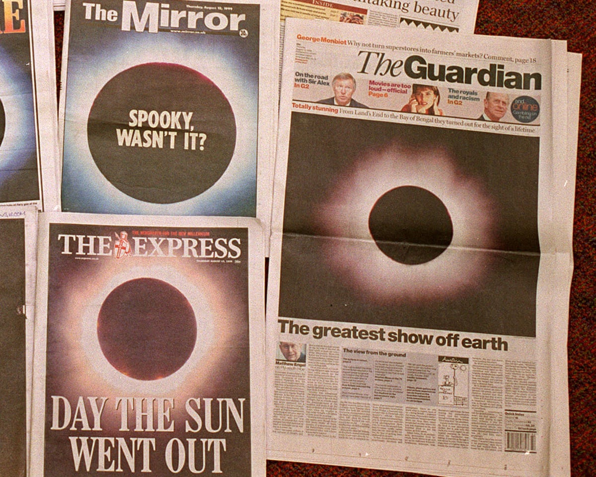 Front pages of British national daily newspapers showing photographs of the total eclipse that occured over parts of western Europe, the Middle East and the Indian sub continent.