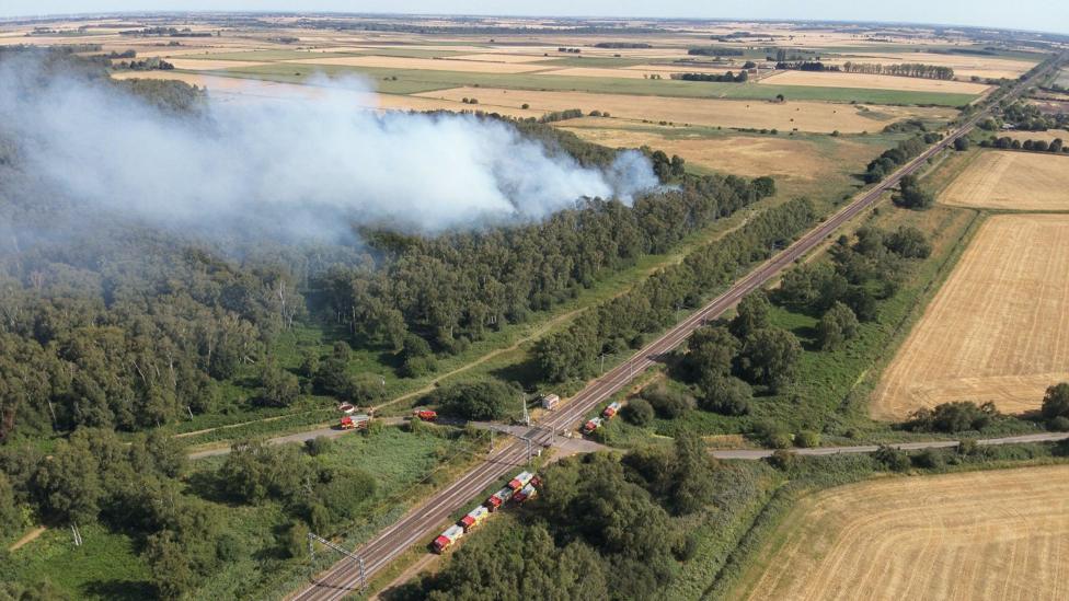 A drone image of a field where smoke can be seen in the sky, with trees burning and red fire engines parked on the side road.