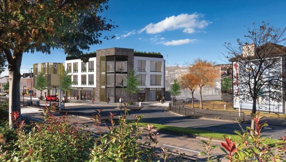 A design drawing of the Meenan Square development in Derry. It shows proposed new commercial and retail units.