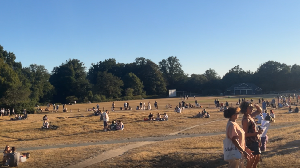 A large open area of dry grass on Tunbridge Wells Common with small groups of people spread across the landscape. Trees line the edge of the common and several people hold viewing cards while watching the eclipse.