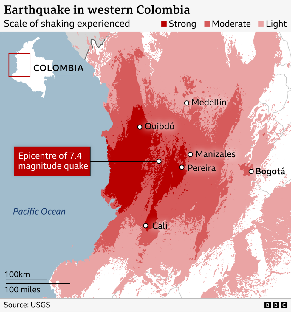 Map showing the intensity of shaking from a magnitude 7.4 earthquake in western Colombia. Areas closest to the epicentre, near the Pacific coast between Quibdó and Cali, are shaded dark red to indicate strong shaking. Surrounding regions, including Medellín, Manizales and Pereira, are shown in red for moderate shaking, while Bogotá lies in a lighter-shaded area indicating weaker shaking. The epicentre is marked west of Pereira. Source: USGS