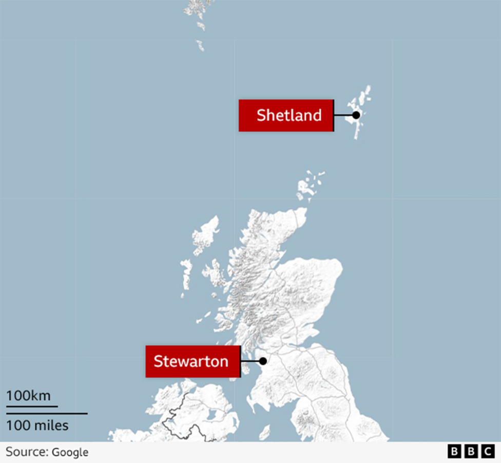 A map showing the distance between Stewarton and Shetland