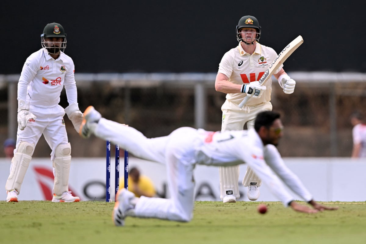 Steve Smith drives through cover on the way to a half-century on day one of the first Test between Australia and Bangladesh