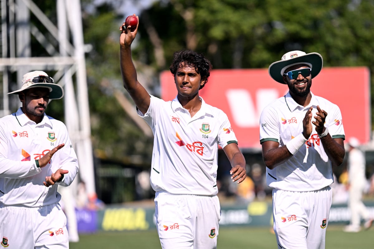 Bangladesh quick Hasan Mahmud celebrates taking six Australia wickets on day one of the first Test at Marrara Stadium