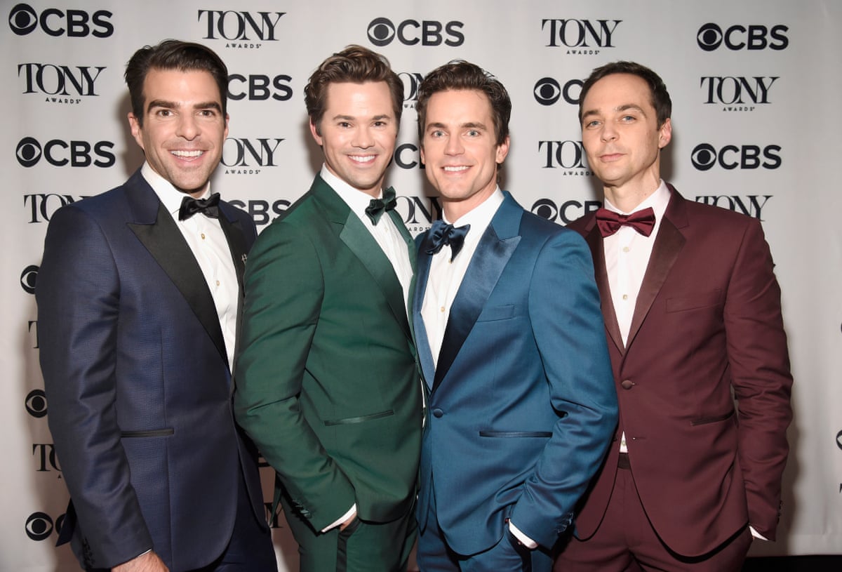 Zachary Quinto, Andrew Rannells, Matt Bomer and Jim Parsons backstage at the Tony awards at Radio City Music Hall, 2018, in New York.