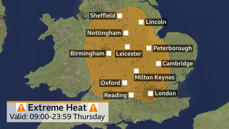 Map showing a large swathe of England at greatest risk from the extreme heat on Thursday