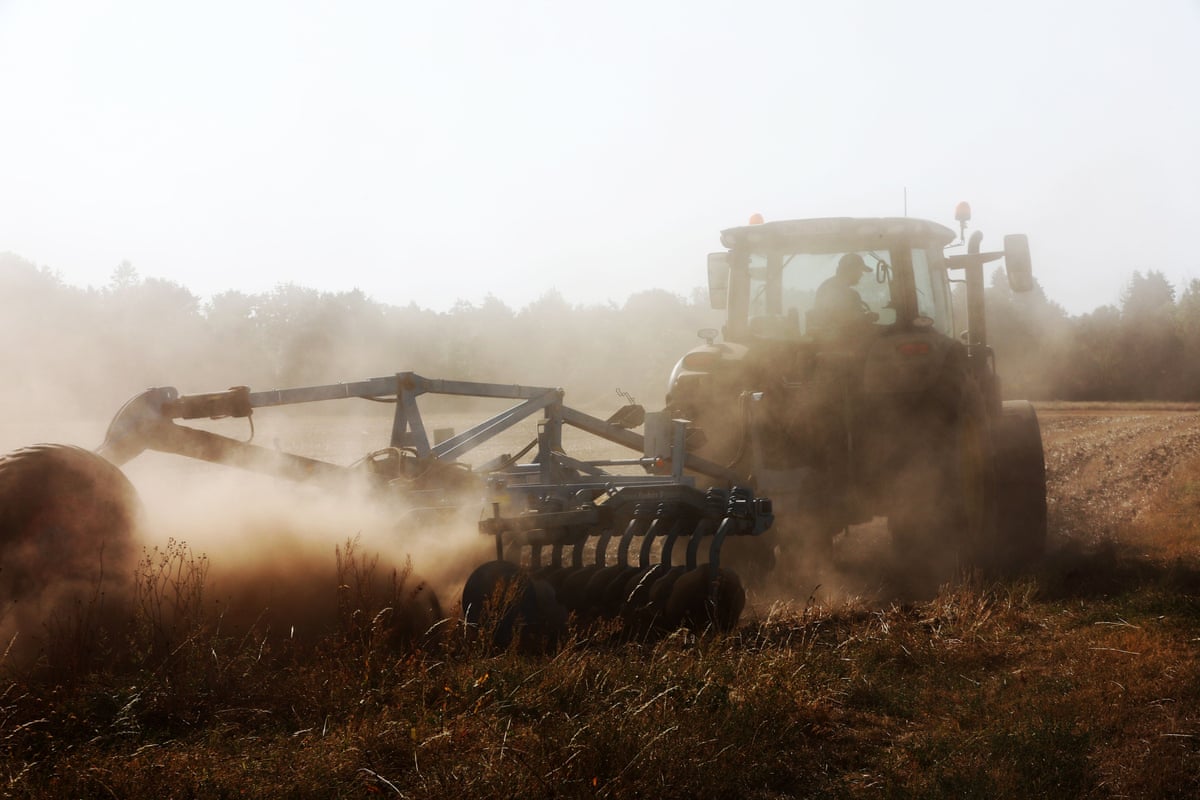 A farmer crops the land on a tractor, with dust flying in the air.