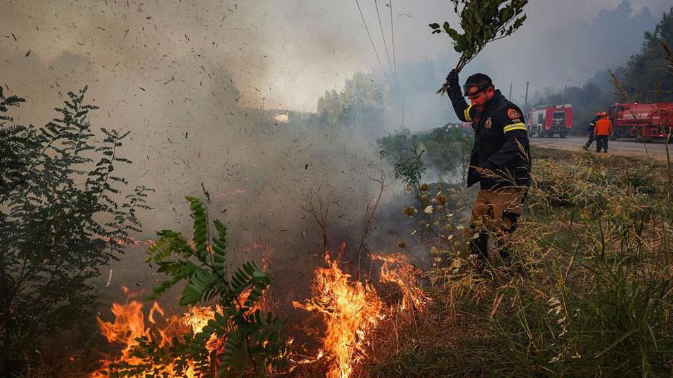 A firefighter works to extinguish a wildfire near Siviri, northern Greece. Photo: 13 2026