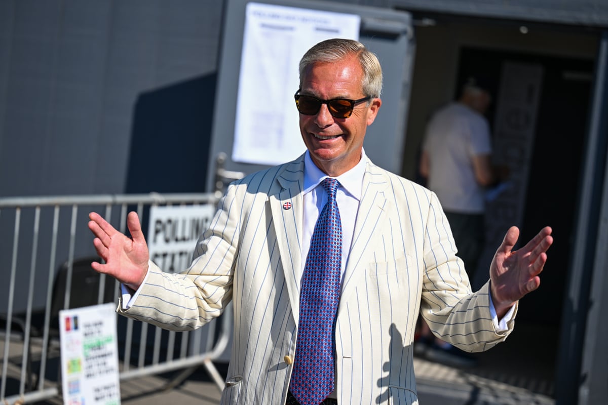 Reform UK leader Nigel Farage reacts after casting his vote during the Clacton byelection on 13 August in Clacton-on-Sea, England
