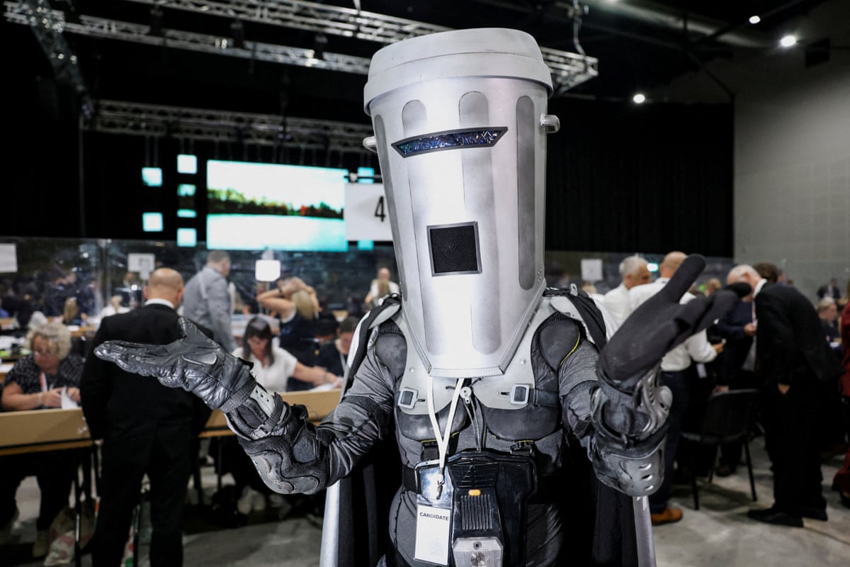 Count Binface attends the vote counting for the Makerfield byelection in Wigan, England, in June