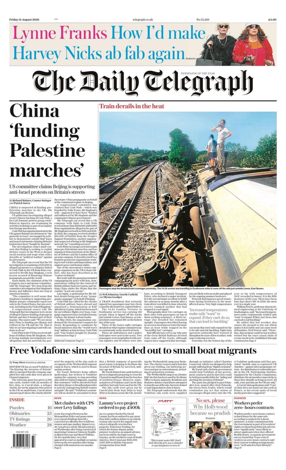 The headline on the front page of the Daily Telegraph reads: