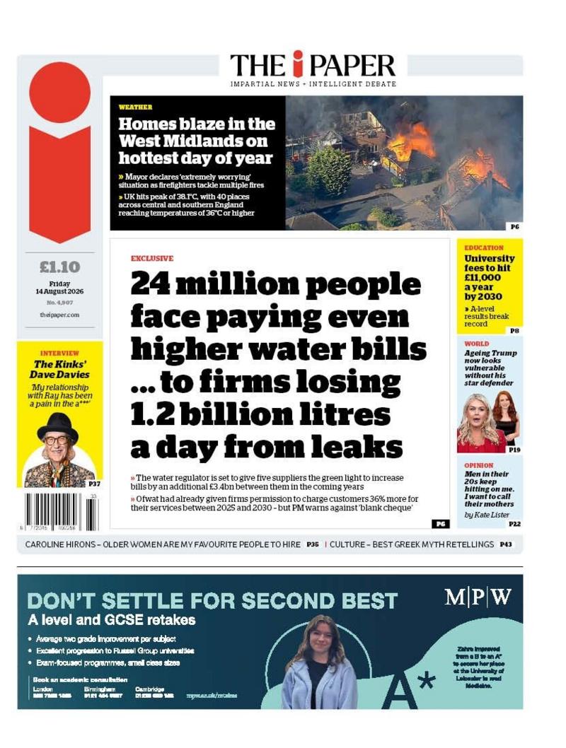 The headline on the front page of the i Paper reads: