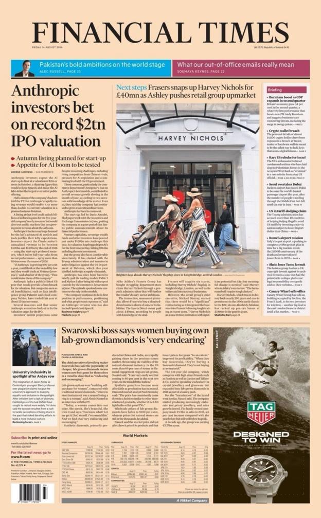 The headline on the front page of the Financial Times reads: