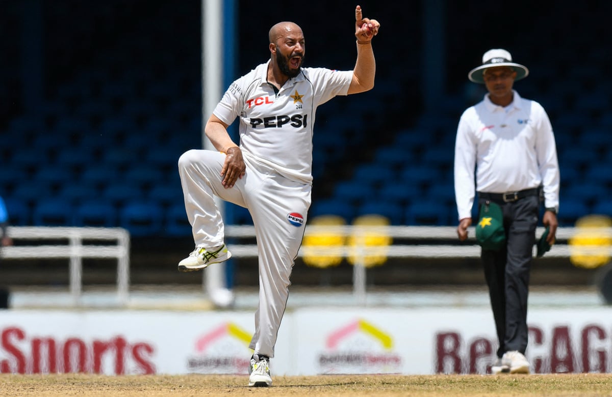 Sajid Khan of Pakistan celebrates the dismissal of Shamar Joseph of West Indies during the 2nd day of the 2nd Test match between West Indies and Pakistan