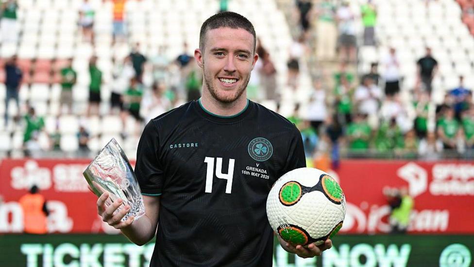 Jack Moylan of Republic of Ireland with the Player of the match award and the match ball, after scoring a hat-trick, after the international friendly match between Republic of Ireland and Grenada at Estadio Nueva Condomina in Murcia, Spain