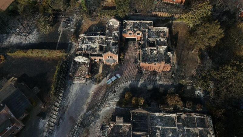 An aerial view of the remains of burnt out houses in the Quarry Park Road area of Stourbridge