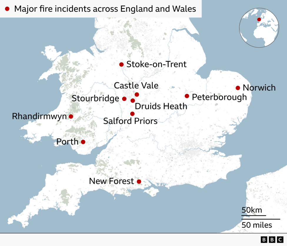 A map showing locations in England and Wales where there have been major fire incidents this week