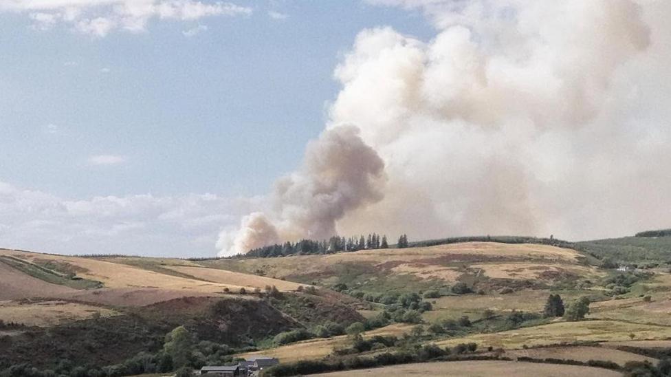 A landscape view of fields which are yellow and dry. Smoke rises into the sky in the horizon over some trees.
