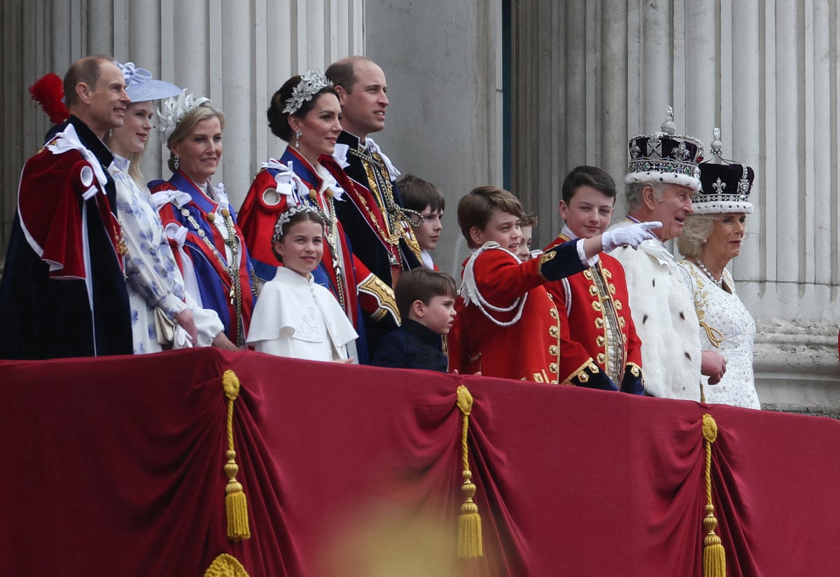 Members of the royal family stand on the Buckingham Palace balcony after King Charles and Queen Camilla’s coronation ceremony in 2023.