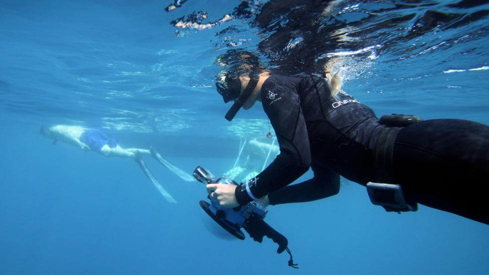 A woman in scuba gear films underwater