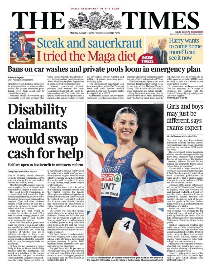 The headline on the front page of the Times reads: