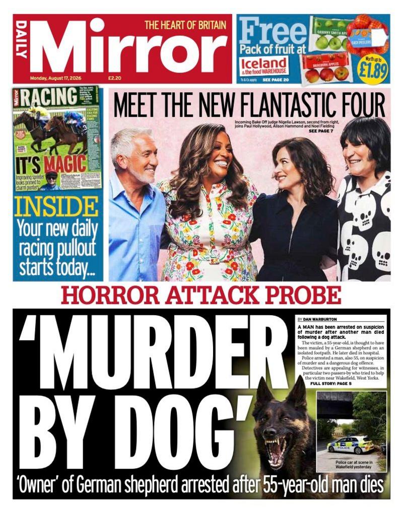 The headline on the front page of the Daily Mirror reads: