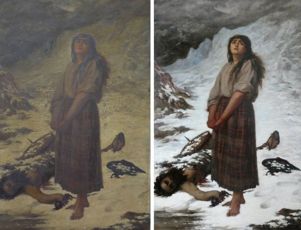 The painting shows a woman, stricken by grief, standing barefoot in snow at the foot of a mountain. Next to her lies a man's body, partially covered in snow. The image on the right is brighter than the one on the left.