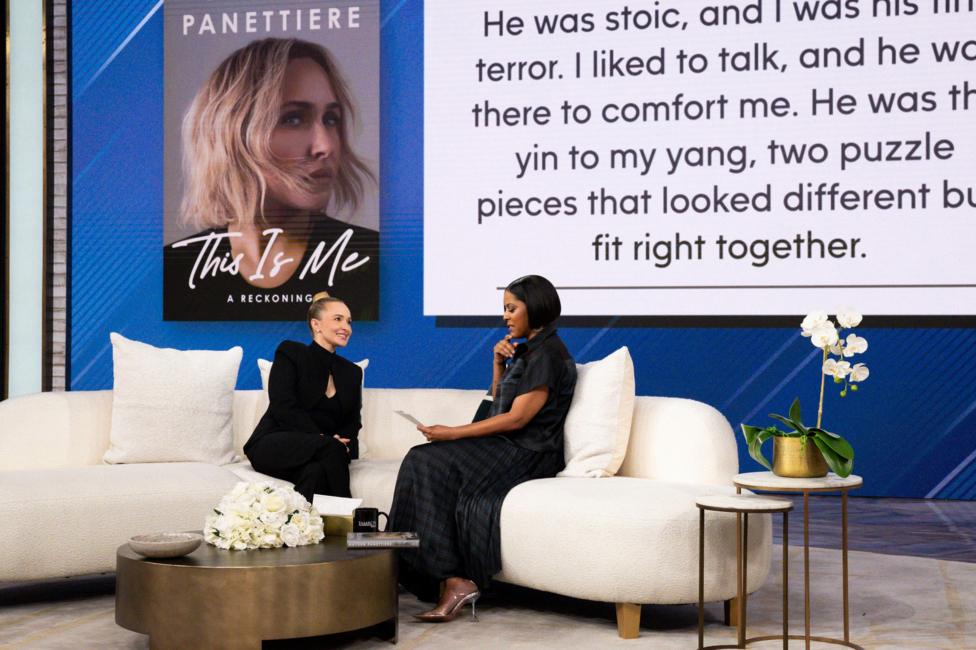 Hayden Panettiere on a white TV show studio's sofa, speaking to the host with a graphic behind them from her book