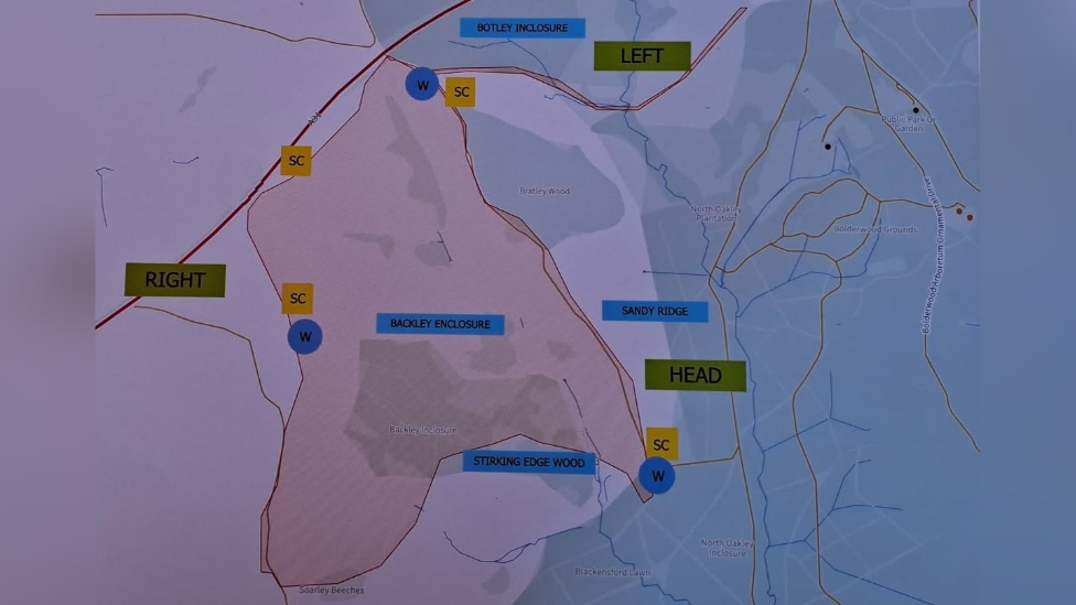 A map of the fire ground, which extends from the A31 south, encompassing Backley Enclosure, down to Soarley Beeches and Stirking Edge Wood, across to Bratley Wood and Sandy Ridge.