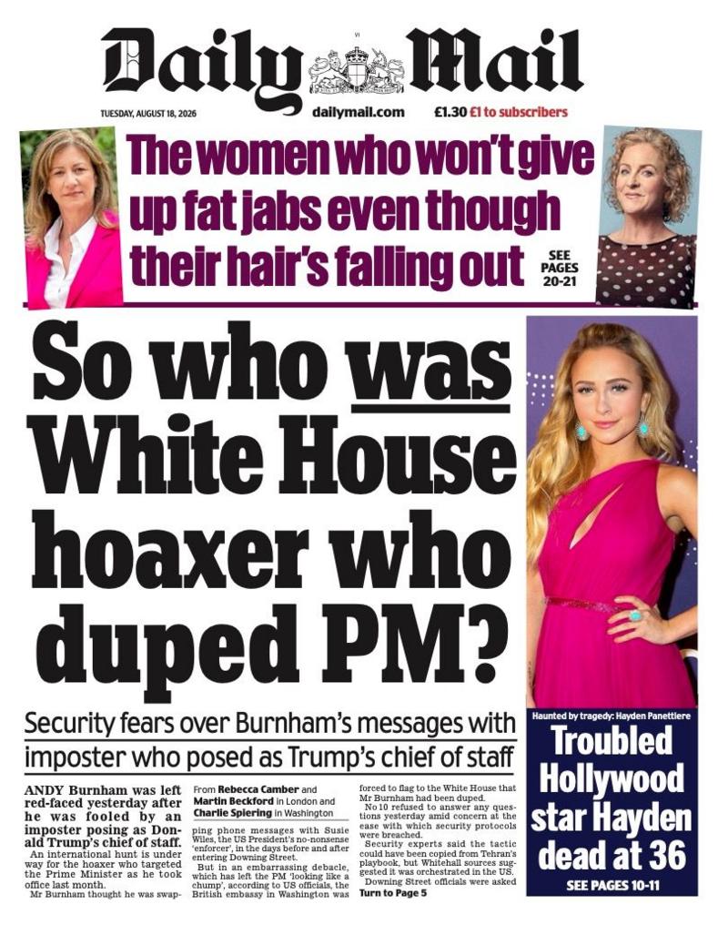 Daily Mail front page — 18-Aug-2026