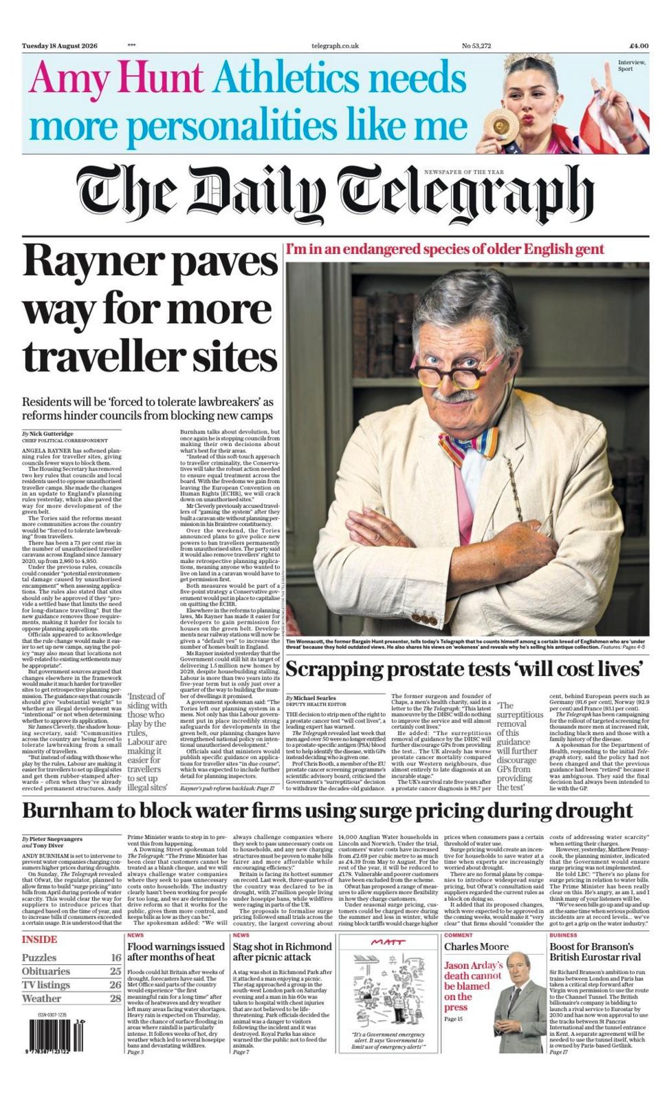 The headline on the front page of the Daily Telegraph reads: "Rayner paves way for more traveller sites.