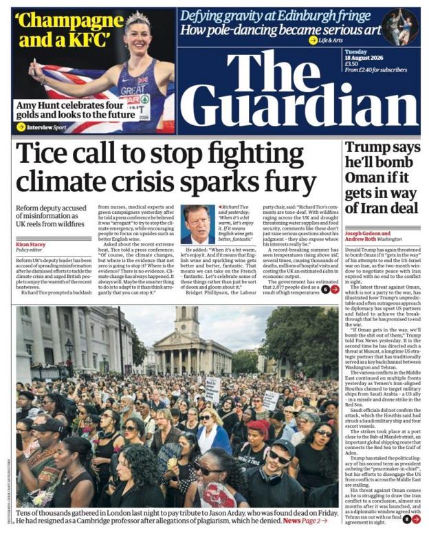 The headline on the front page of reads: "Tice call to stop fighting climate crisis sparks fury."