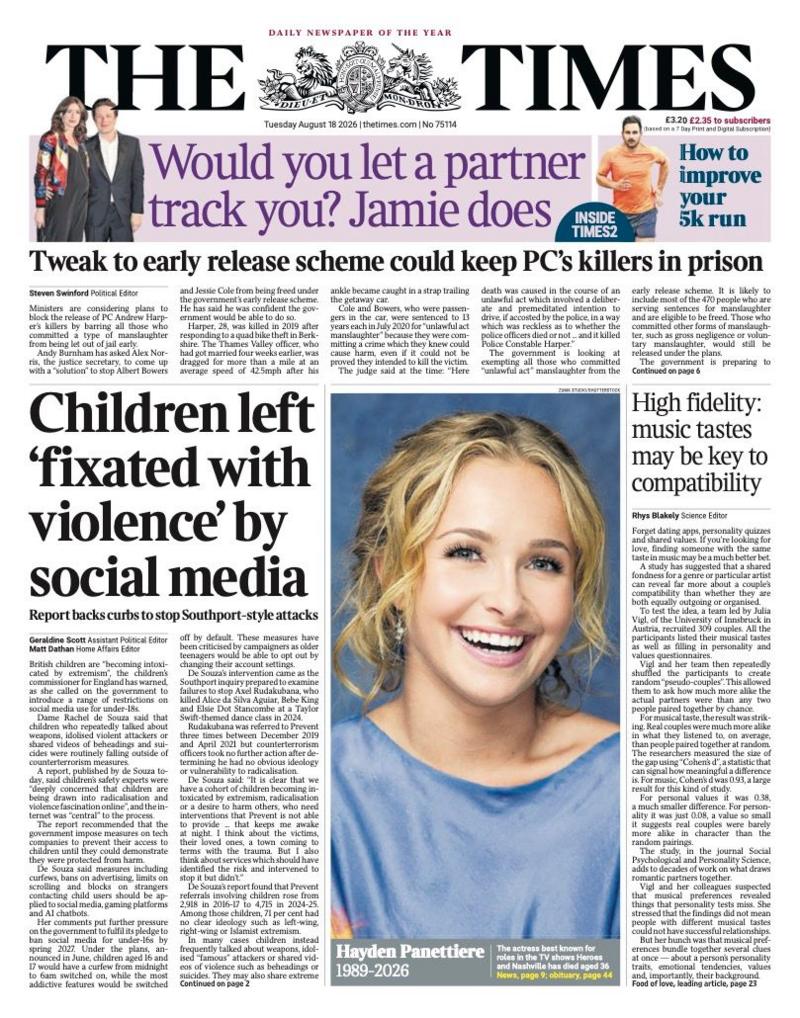 The headline on the front page of the Times reads: "Children left 'fixated with violence' by social media."