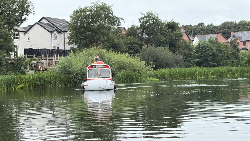 The bus boat from a distance on the River Bann sailing along. Behind it are long reeds and behind them are trees and houses.