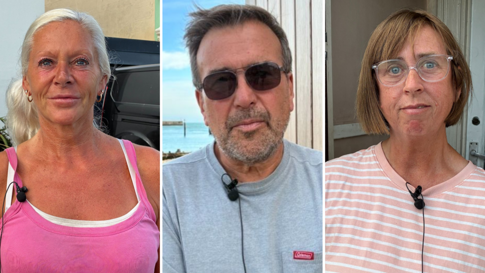 Three portrait photographs are shown side by side. On the left, Shelley Ayres is standing outdoors wearing a pink sleeveless top. In the centre, Steve Chapman is pictured outside near the seafront wearing sunglasses and a grey T-shirt. On the right, Shirley Pumfrey is standing in a doorway wearing glasses and a pink striped top.