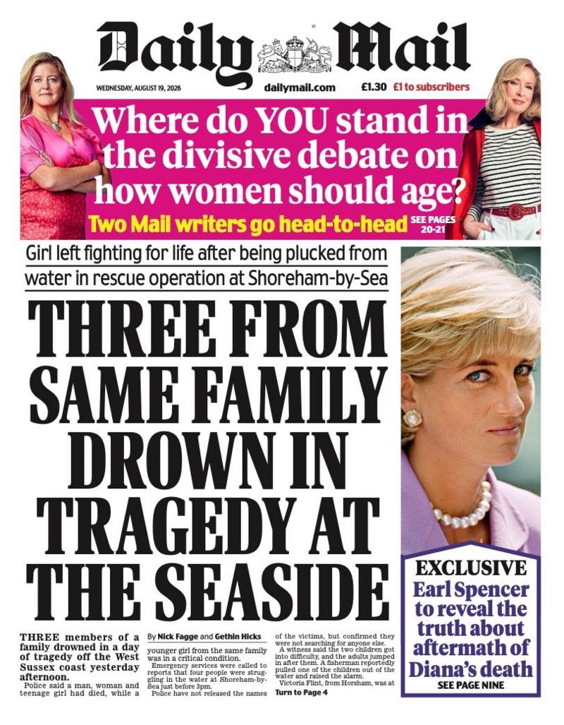 The headline on the front page of the Daily Mail reads: "Three from same family drown in tragedy at the seaside."